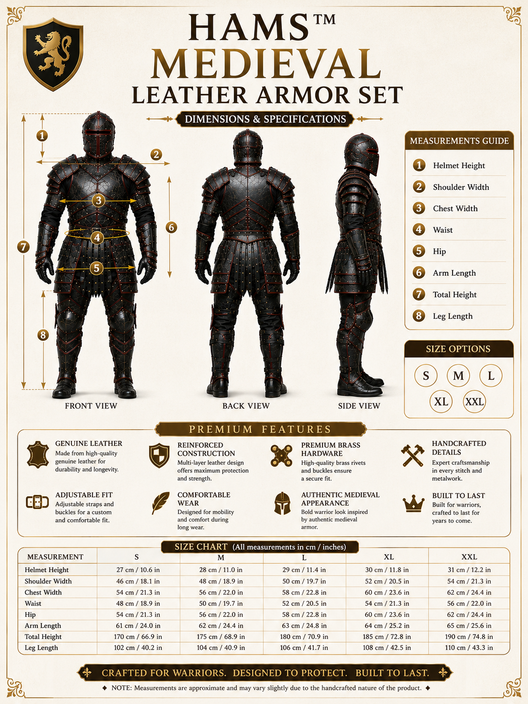HAMS Medieval Leather Armor Set for Men, Genuine Cow Leather Knight Armor with Helmet, Handmade Adjustable LARP & Cosplay Costume