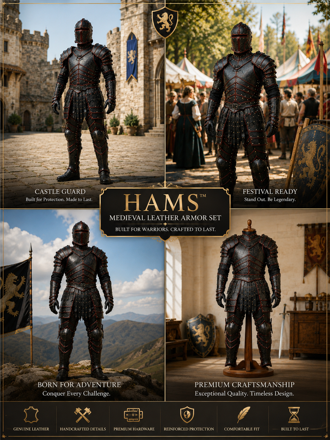 HAMS Medieval Leather Armor Set for Men, Genuine Cow Leather Knight Armor with Helmet, Handmade Adjustable LARP & Cosplay Costume