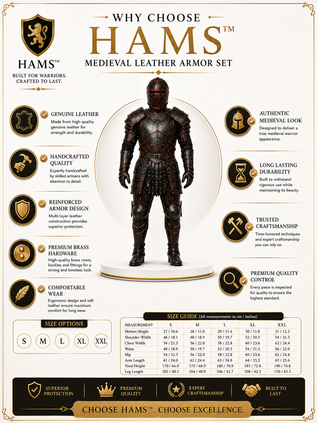 HAMS Medieval Leather Armor Set for Men, Genuine Cow Leather Knight Armor with Helmet, Handmade Adjustable LARP & Cosplay Costume