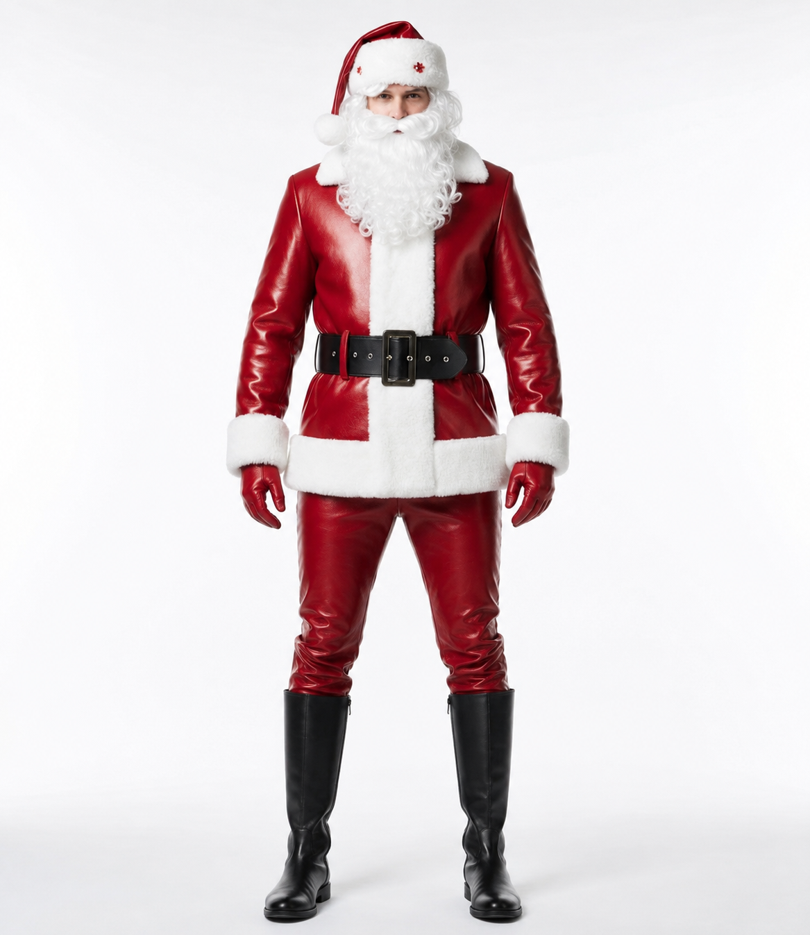 Premium Genuine Cowhide Leather Santa Claus Suit – Luxury Christmas Costume Set