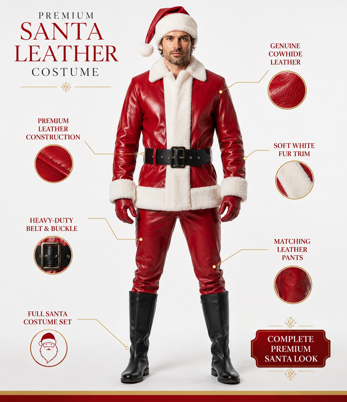 Premium Genuine Cowhide Leather Santa Claus Suit – Luxury Christmas Costume Set