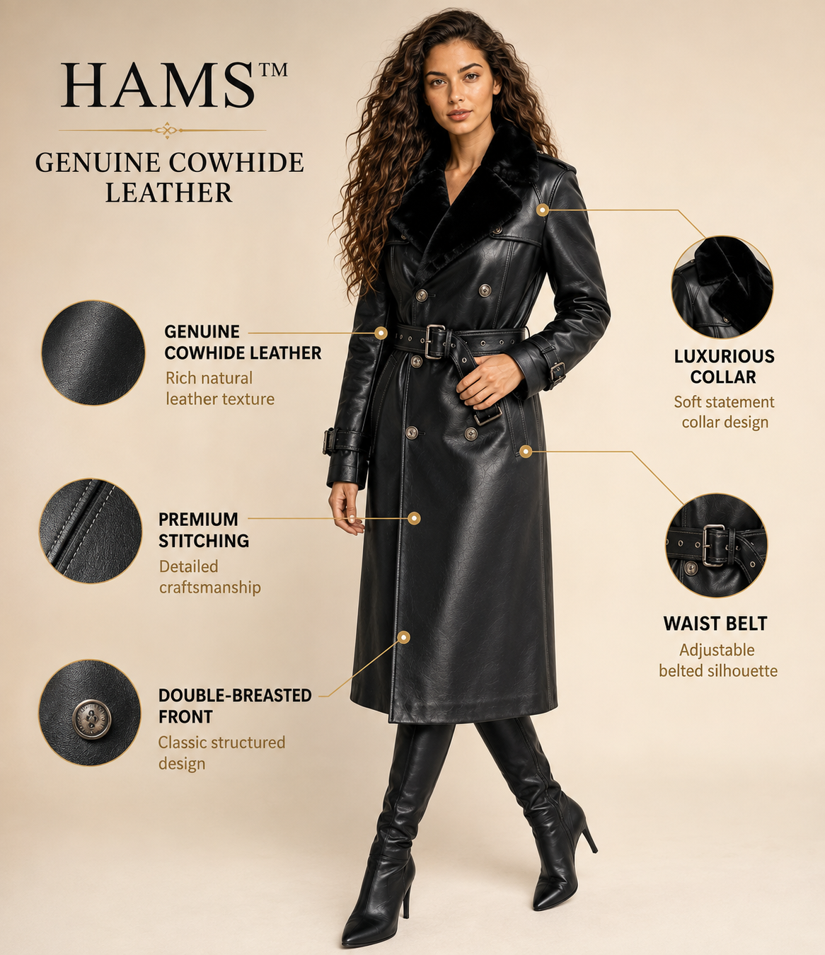 HAMS™ Women’s Black Leather Trench Coat, Longline Double-Breasted Belted Coat with Fur Collar, Structured Shoulders and Adjustable Cuffs