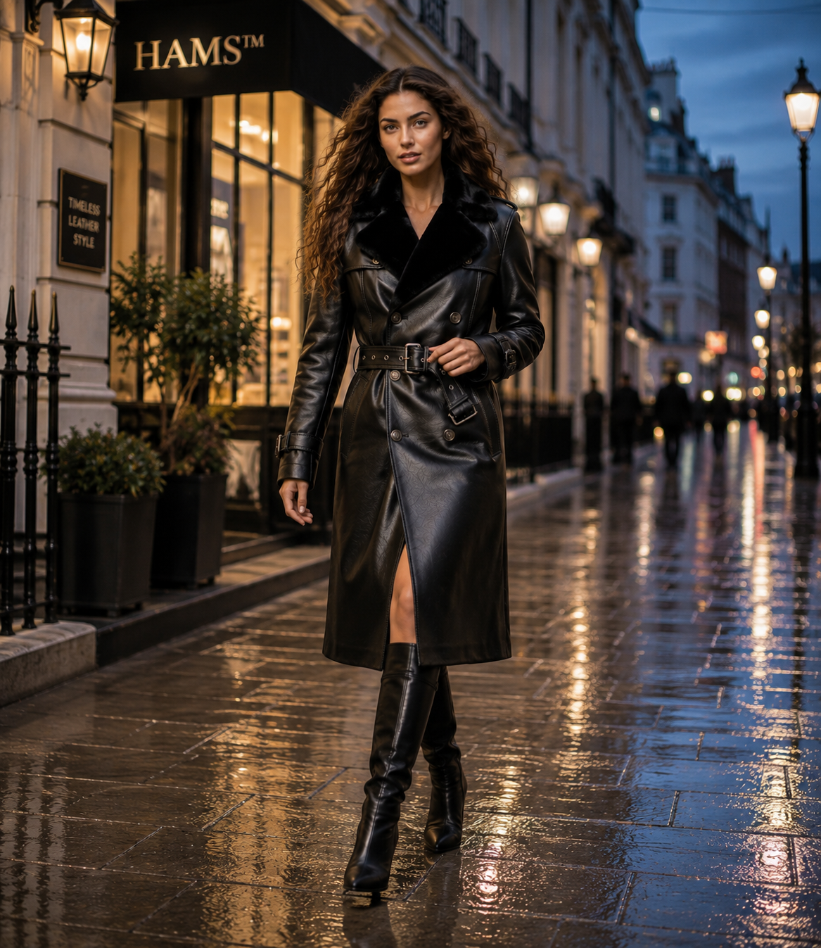 HAMS™ Women’s Black Leather Trench Coat, Longline Double-Breasted Belted Coat with Fur Collar, Structured Shoulders and Adjustable Cuffs