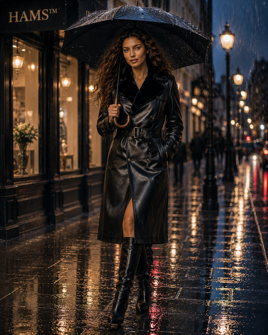HAMS™ Women’s Black Leather Trench Coat, Longline Double-Breasted Belted Coat with Fur Collar, Structured Shoulders and Adjustable Cuffs