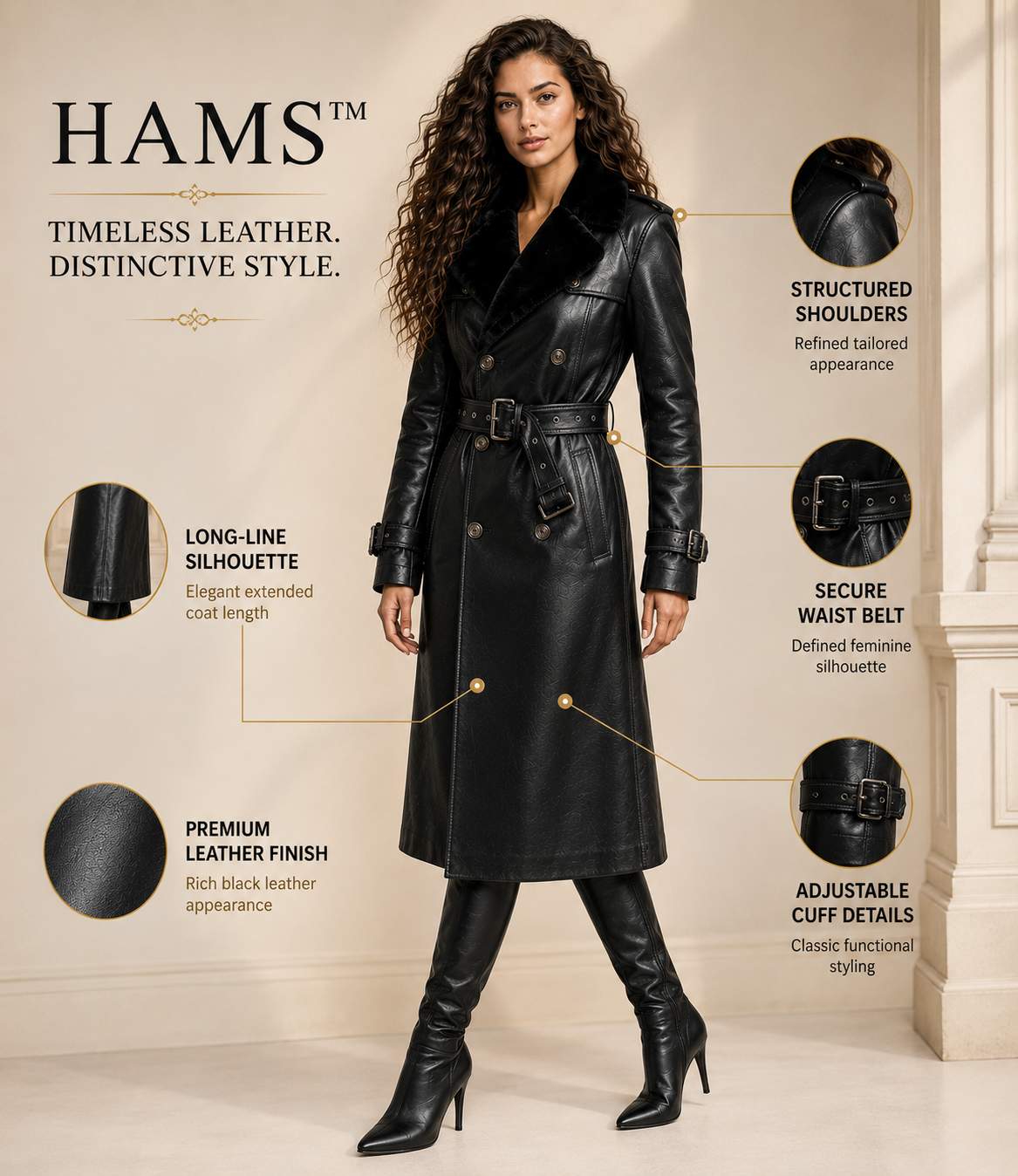 HAMS™ Women’s Black Leather Trench Coat, Longline Double-Breasted Belted Coat with Fur Collar, Structured Shoulders and Adjustable Cuffs