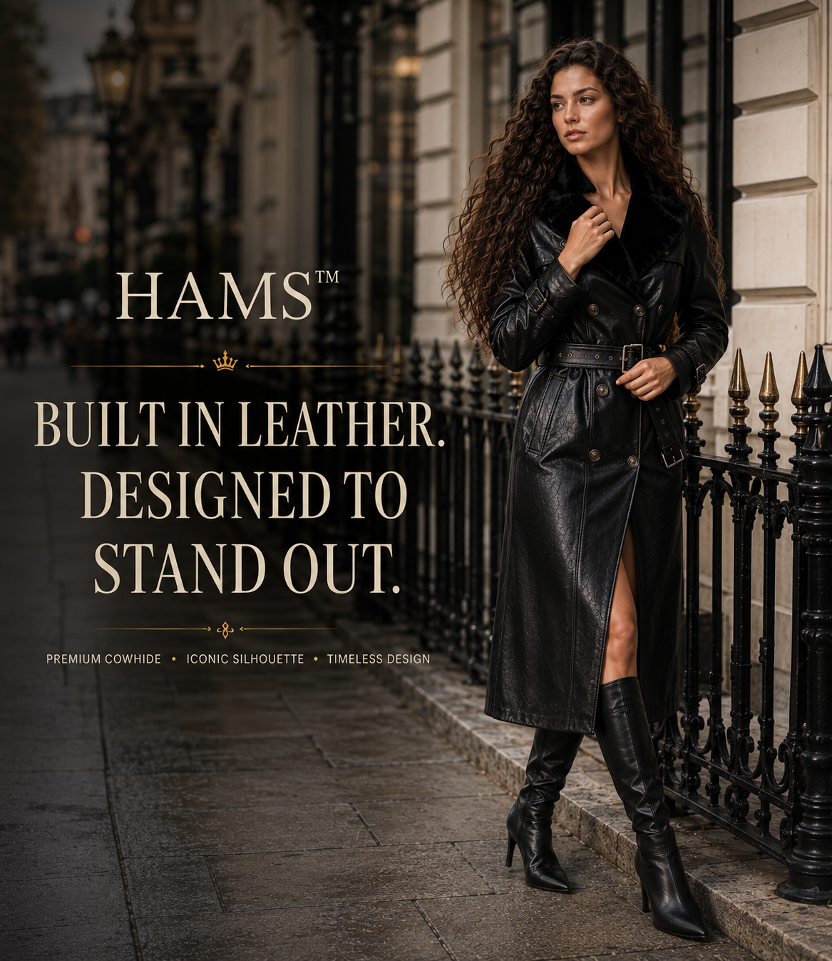 HAMS™ Women’s Black Leather Trench Coat, Longline Double-Breasted Belted Coat with Fur Collar, Structured Shoulders and Adjustable Cuffs