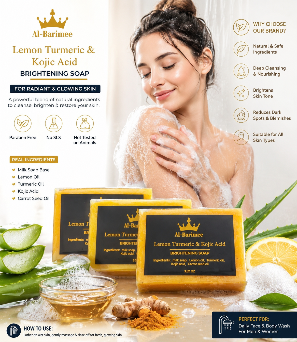 Lemon Turmeric & Kojic Acid Brightening Soap – 3-Pack | Deep Cleansing Bar for Face & Body | Helps Brighten Skin, Even Skin Tone & Reduce the Appearance of Dark Spots | 3 × 3.52 oz