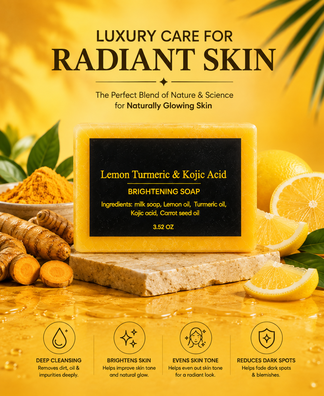 Lemon Turmeric & Kojic Acid Brightening Soap – 3-Pack | Deep Cleansing Bar for Face & Body | Helps Brighten Skin, Even Skin Tone & Reduce the Appearance of Dark Spots | 3 × 3.52 oz