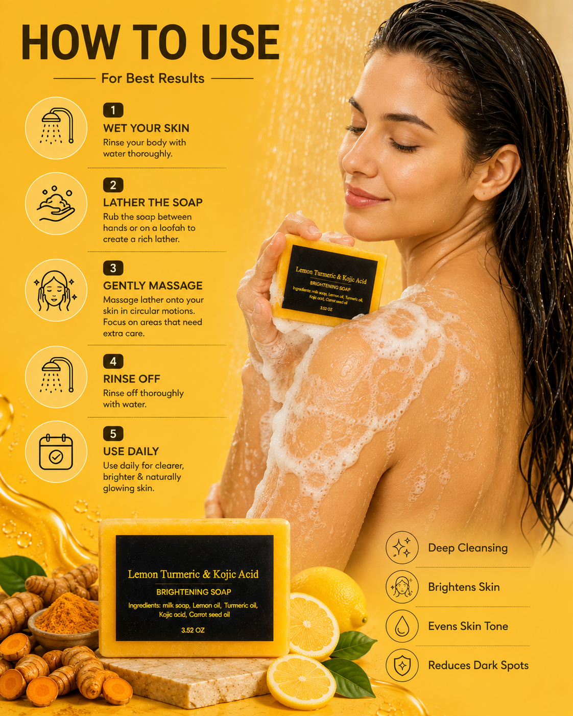 Lemon Turmeric & Kojic Acid Brightening Soap – 3-Pack | Deep Cleansing Bar for Face & Body | Helps Brighten Skin, Even Skin Tone & Reduce the Appearance of Dark Spots | 3 × 3.52 oz
