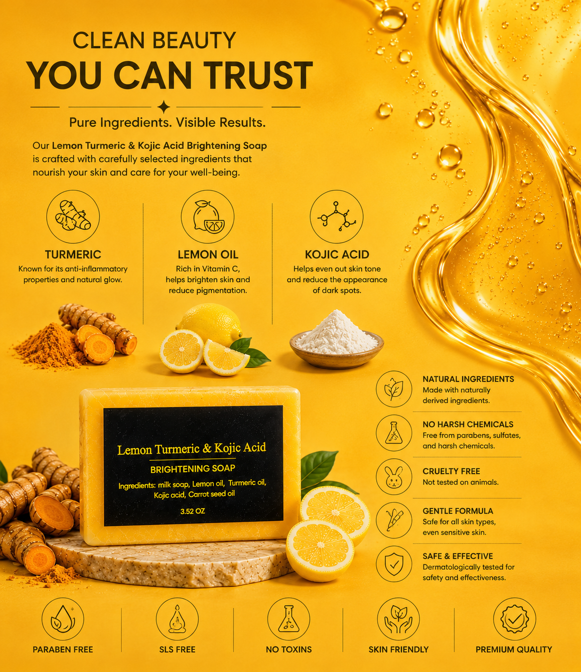 Lemon Turmeric & Kojic Acid Brightening Soap – 3-Pack | Deep Cleansing Bar for Face & Body | Helps Brighten Skin, Even Skin Tone & Reduce the Appearance of Dark Spots | 3 × 3.52 oz