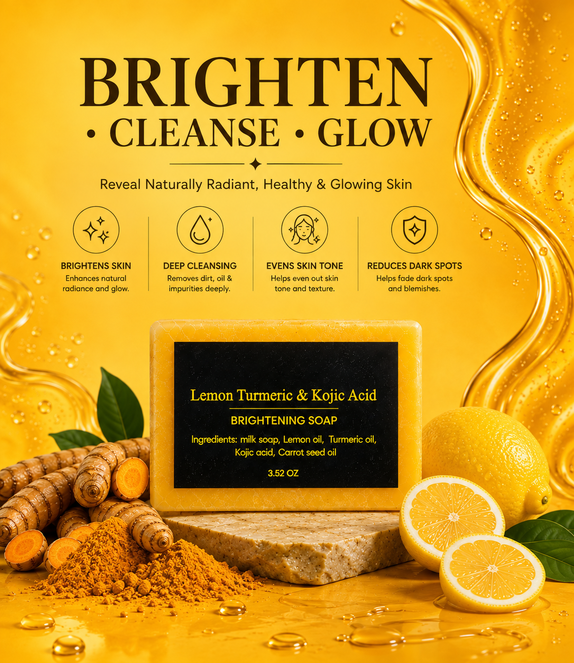 Lemon Turmeric & Kojic Acid Brightening Soap – 3-Pack | Deep Cleansing Bar for Face & Body | Helps Brighten Skin, Even Skin Tone & Reduce the Appearance of Dark Spots | 3 × 3.52 oz
