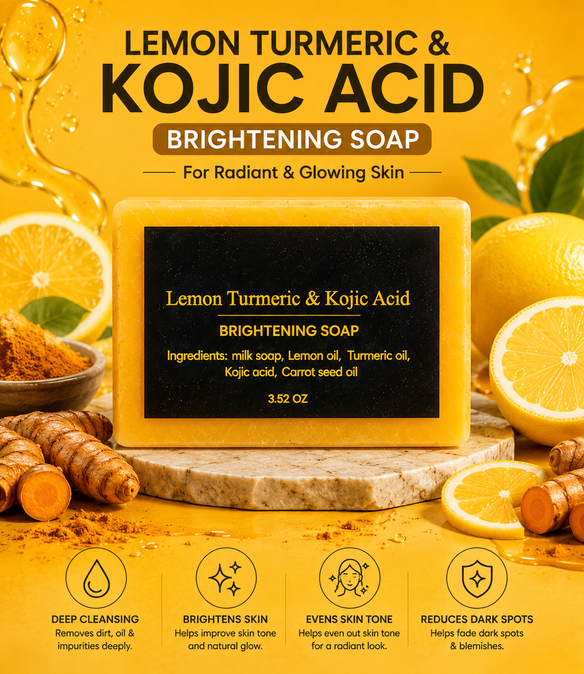Lemon Turmeric & Kojic Acid Brightening Soap – 3-Pack | Deep Cleansing Bar for Face & Body | Helps Brighten Skin, Even Skin Tone & Reduce the Appearance of Dark Spots | 3 × 3.52 oz