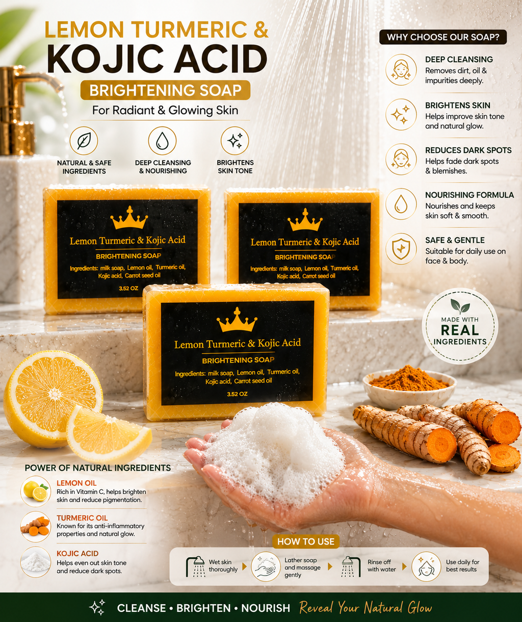 Lemon Turmeric & Kojic Acid Brightening Soap Bar for Face & Body – 3 Pack