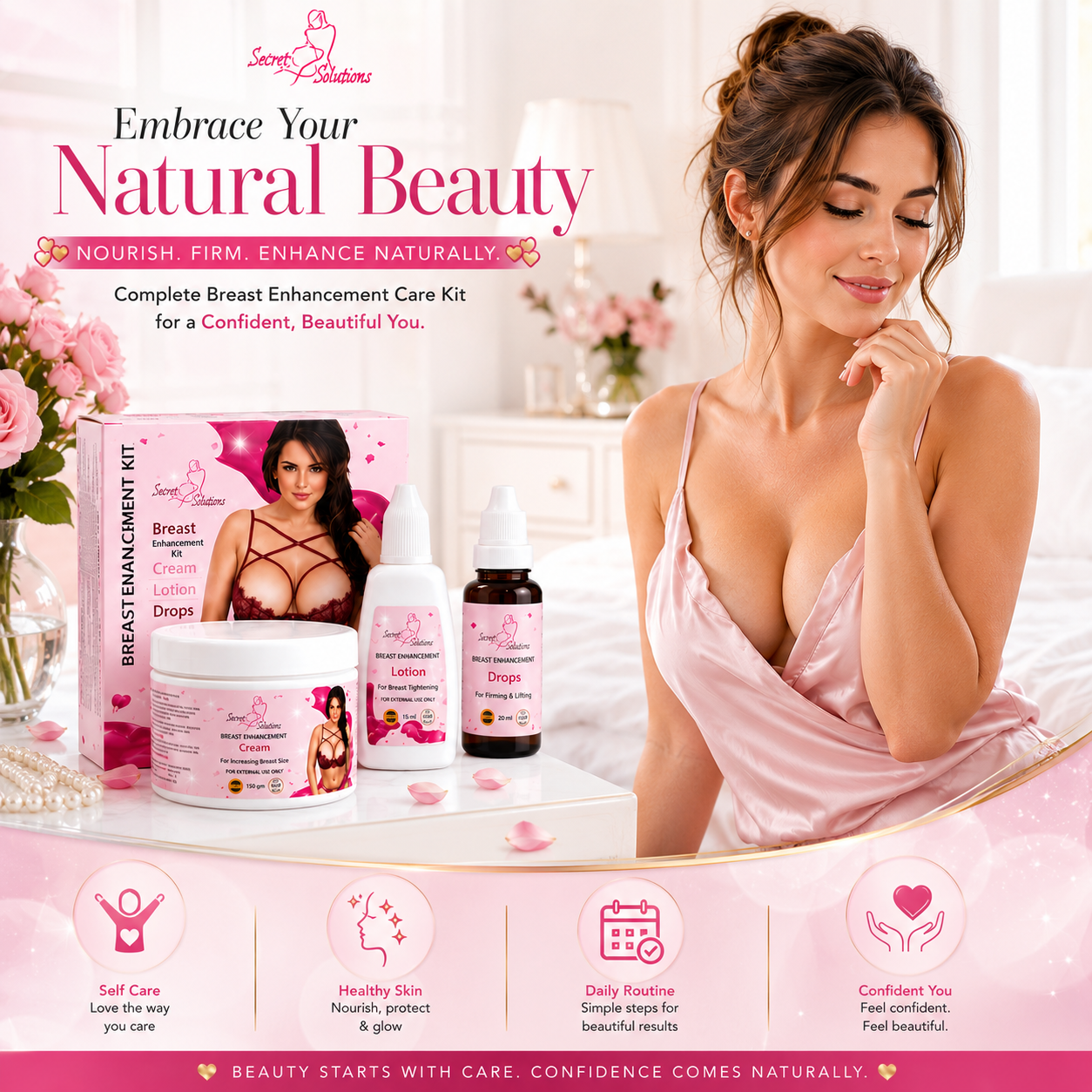 Natural Bust Enhancement & Firming Kit – 3-in-1 Complete Bust Care Formula for Natural-Looking Fullness, Firmer-Looking Skin, Deep Moisturization & Daily Bust Care