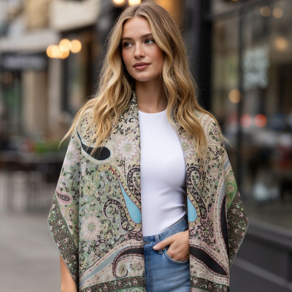 Premium Paisley Wool Shawl for Women – Elegant Printed Winter Wrap with Fringed Edges