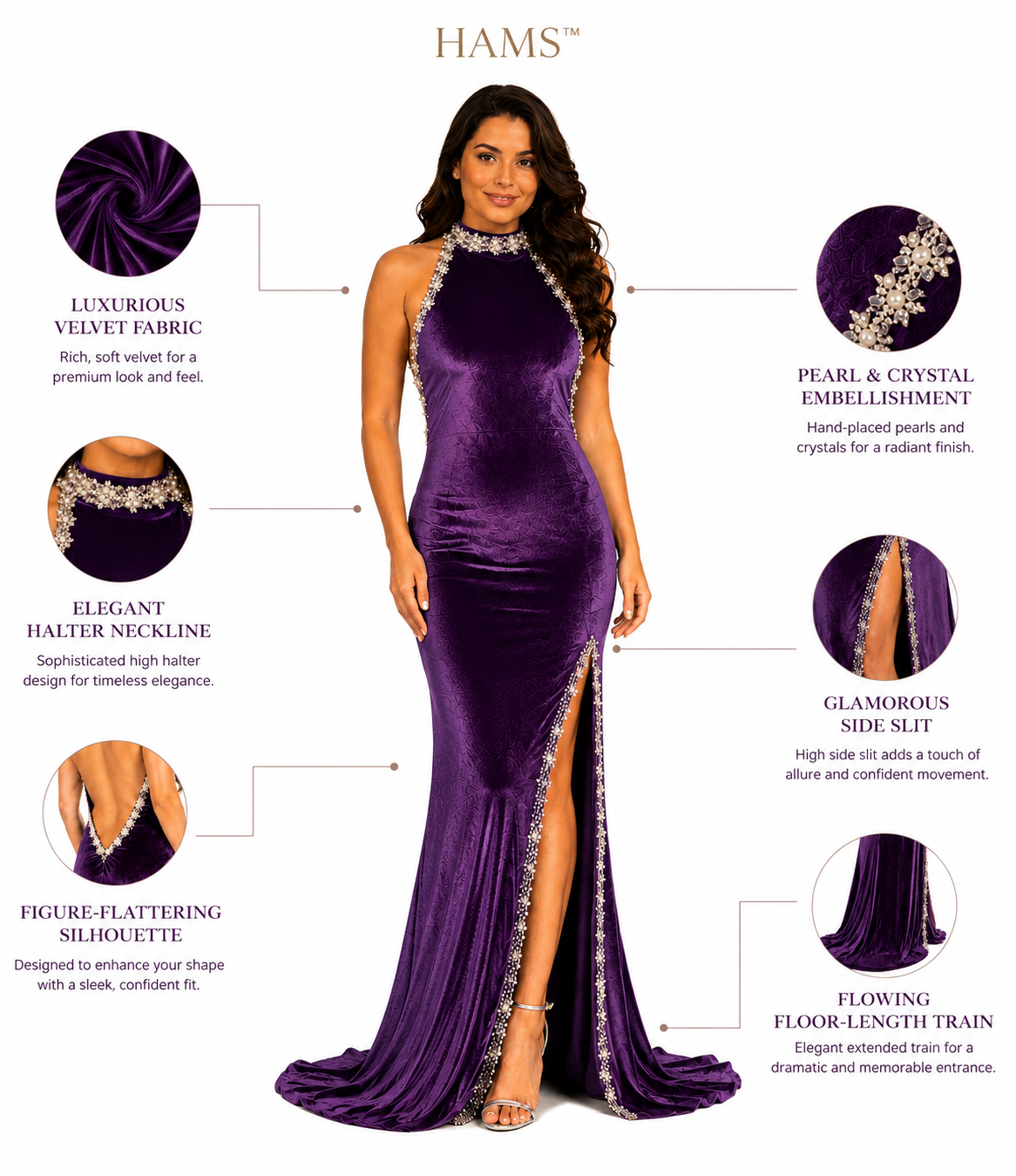 Luxury Velvet Evening Gown for Women, Purple Velvet Halter Neck Floor-Length Formal Dress with Pearl & Crystal Embellished Trim and High Side Slit