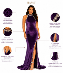 Luxury Velvet Evening Gown for Women, Purple Velvet Halter Neck Floor-Length Formal Dress with Pearl & Crystal Embellished Trim and High Side Slit