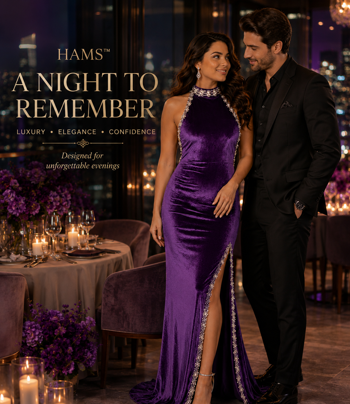 Luxury Velvet Evening Gown for Women, Purple Velvet Halter Neck Floor-Length Formal Dress with Pearl & Crystal Embellished Trim and High Side Slit