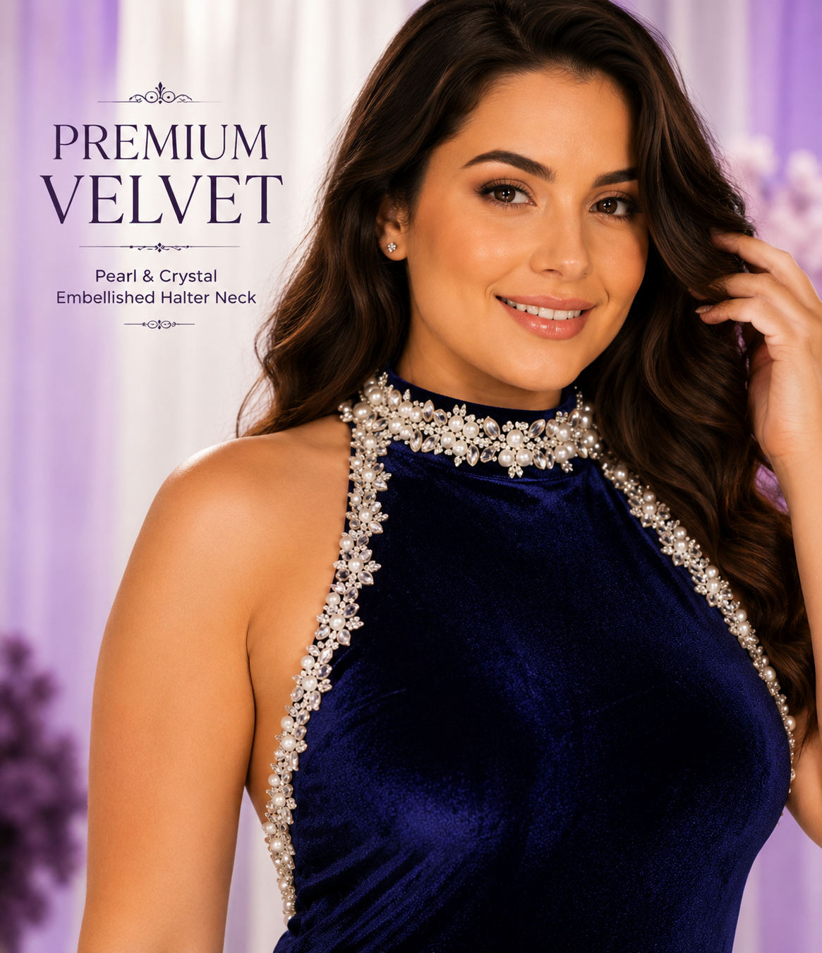Luxury Velvet Evening Gown for Women, Navy Blue Halter Neck Floor-Length Formal Dress with Pearl & Crystal Embellished Open Back and High Side Slit