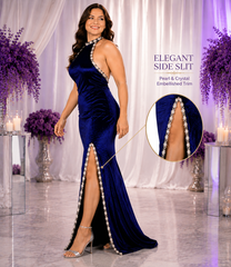 Luxury Velvet Evening Gown for Women, Navy Blue Halter Neck Floor-Length Formal Dress with Pearl & Crystal Embellished Open Back and High Side Slit