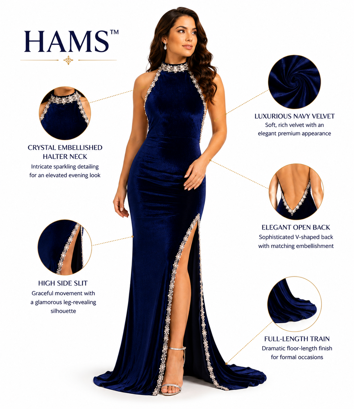 Luxury Velvet Evening Gown for Women, Navy Blue Halter Neck Floor-Length Formal Dress with Pearl & Crystal Embellished Open Back and High Side Slit