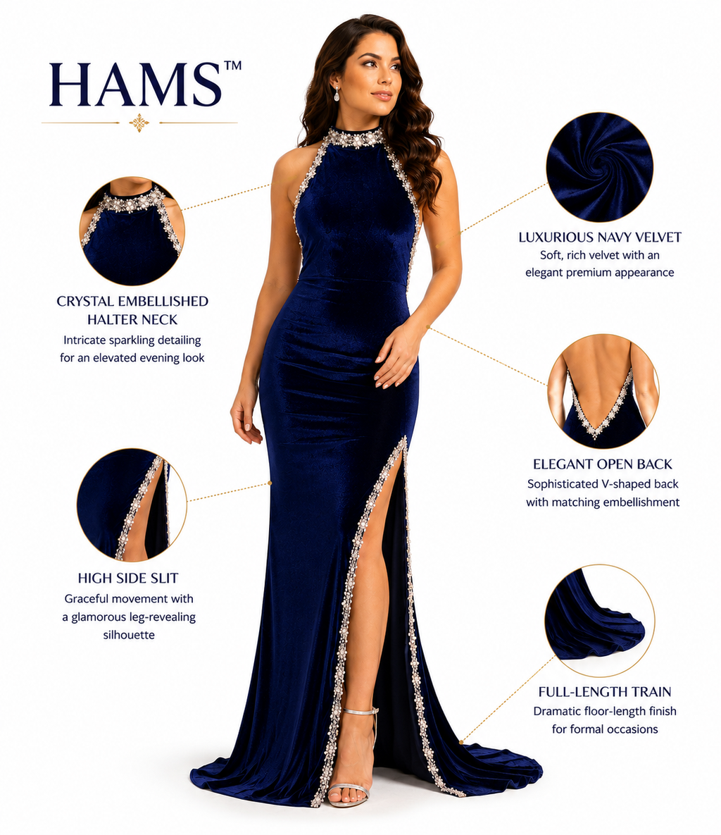 Luxury Blue Velvet Halter Neck Evening Gown with Pearl & Crystal Embellishments