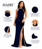 Luxury Blue Velvet Halter Neck Evening Gown with Pearl & Crystal Embellishments