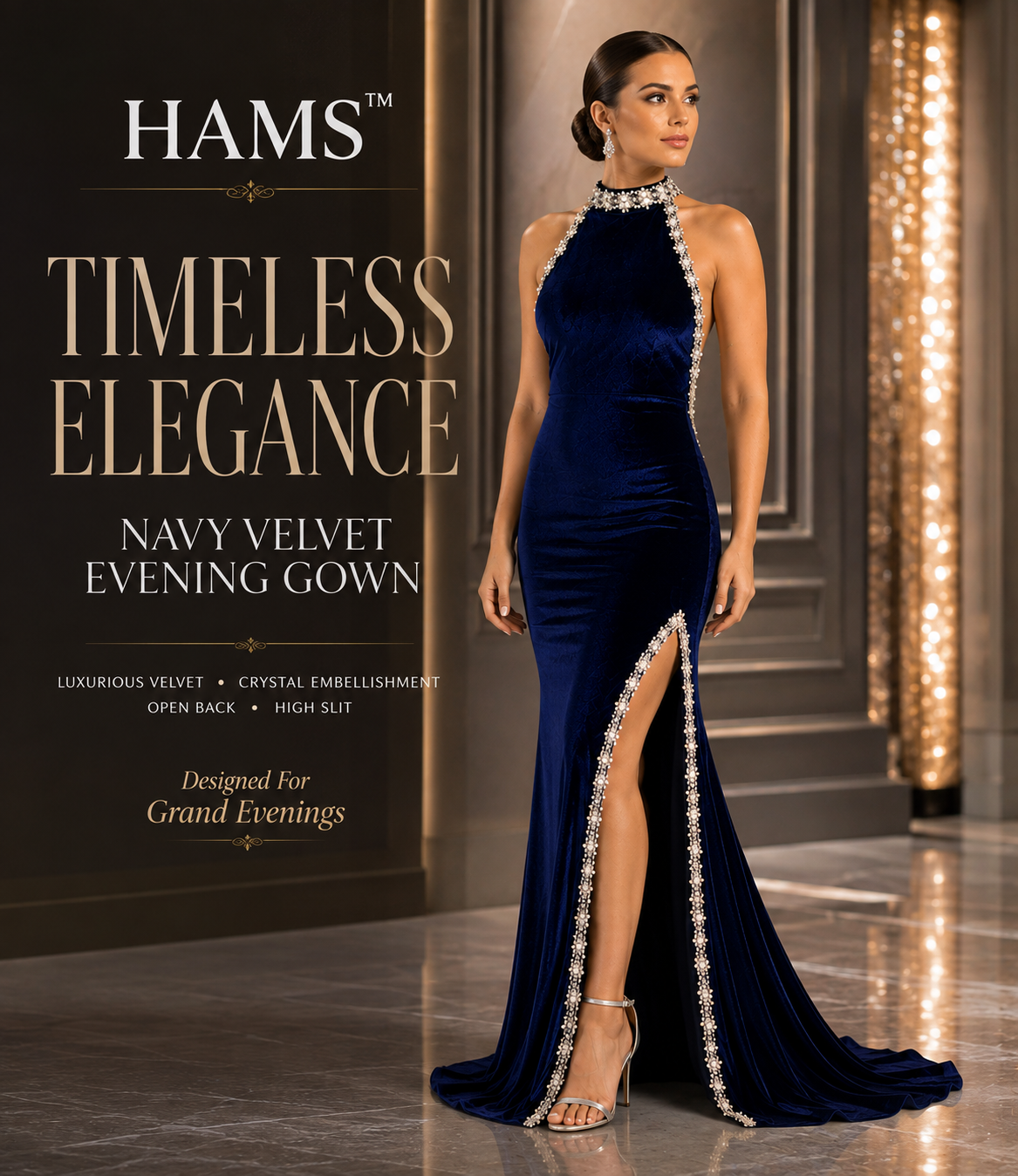 Luxury Velvet Evening Gown for Women, Navy Blue Halter Neck Floor-Length Formal Dress with Pearl & Crystal Embellished Open Back and High Side Slit