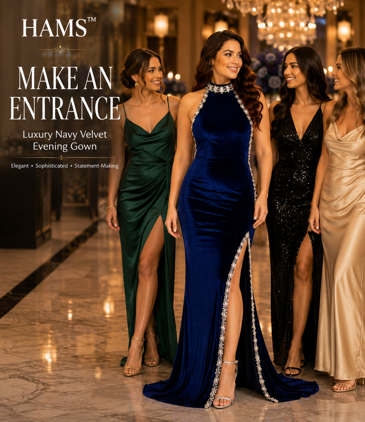 Luxury Velvet Evening Gown for Women, Navy Blue Halter Neck Floor-Length Formal Dress with Pearl & Crystal Embellished Open Back and High Side Slit