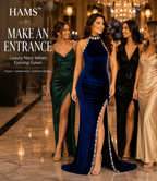 Luxury Blue Velvet Halter Neck Evening Gown with Pearl & Crystal Embellishments