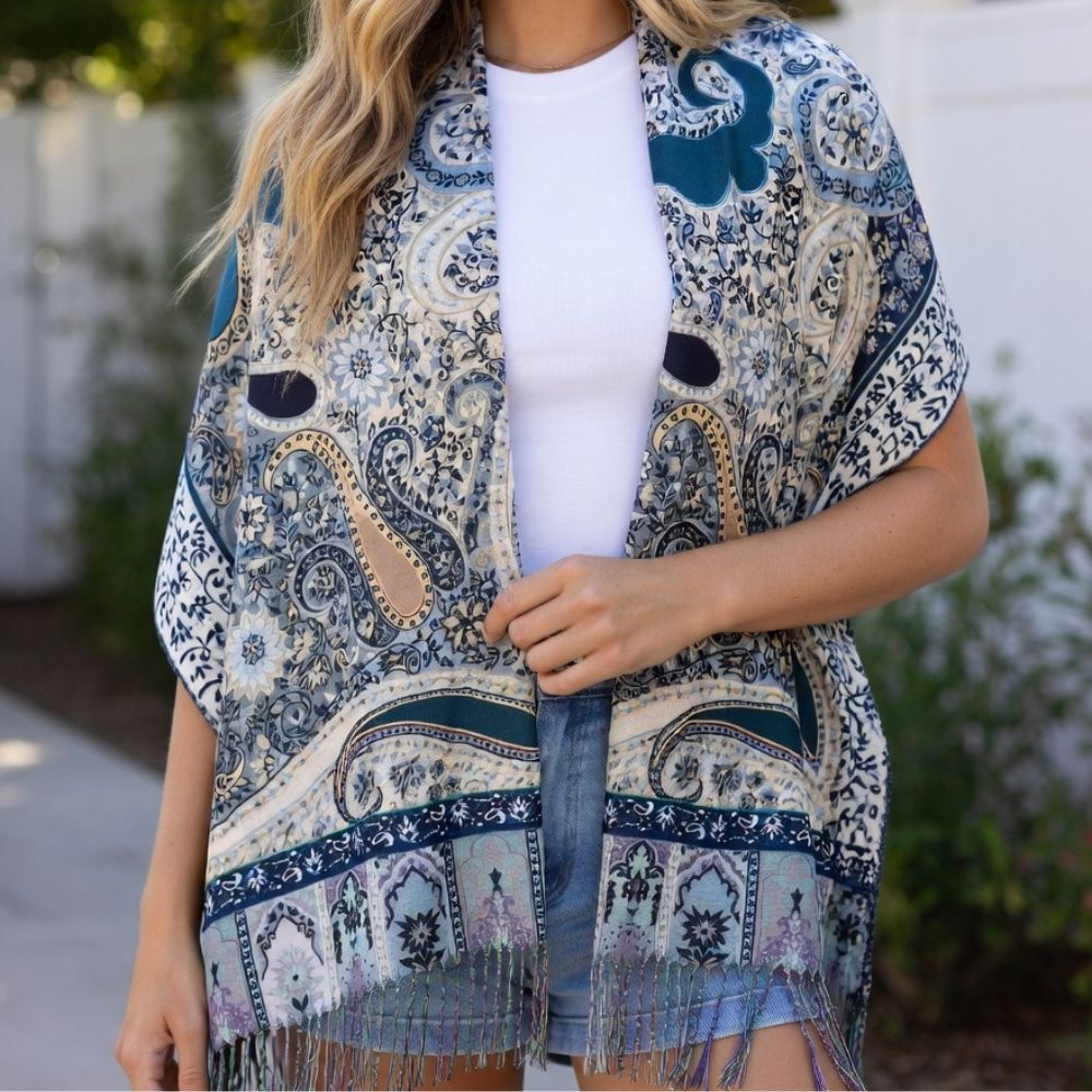 Premium Navy Blue Paisley Wool Scarf for Women – Elegant Printed Winter Wrap with Fringed Edges