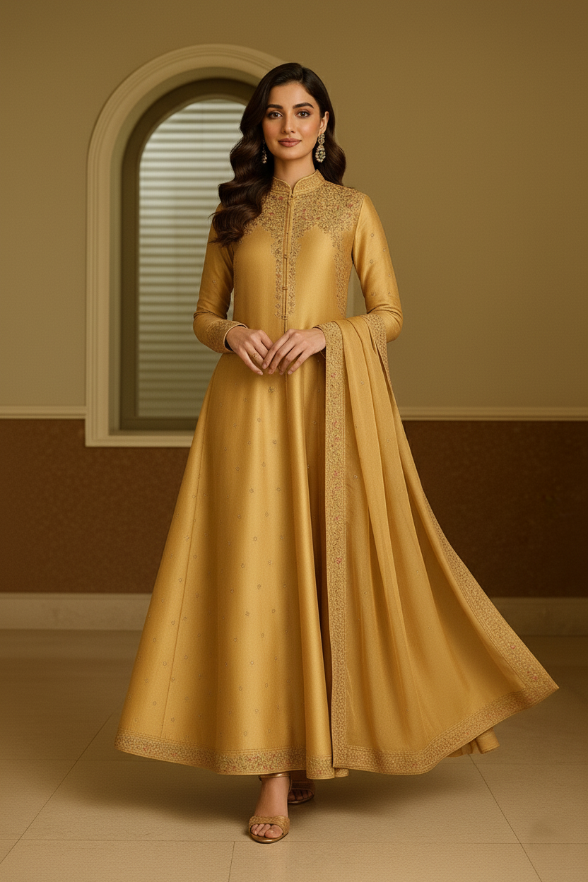 SECRET SOLUTIONS - Marigold Glamour Ensemble Suit with Multi-Color Floral Thread Embroidery | Luxury Formal Wear