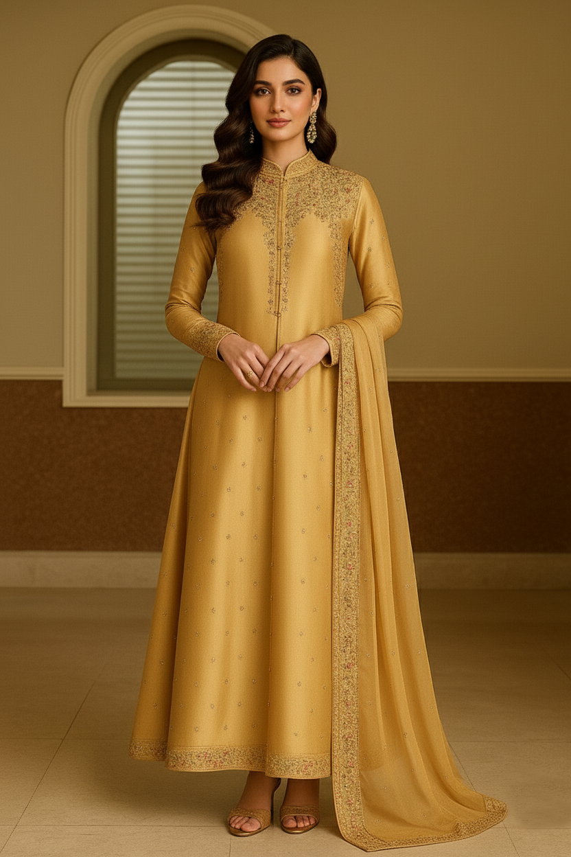 SECRET SOLUTIONS - Marigold Glamour Ensemble Suit with Multi-Color Floral Thread Embroidery | Luxury Formal Wear