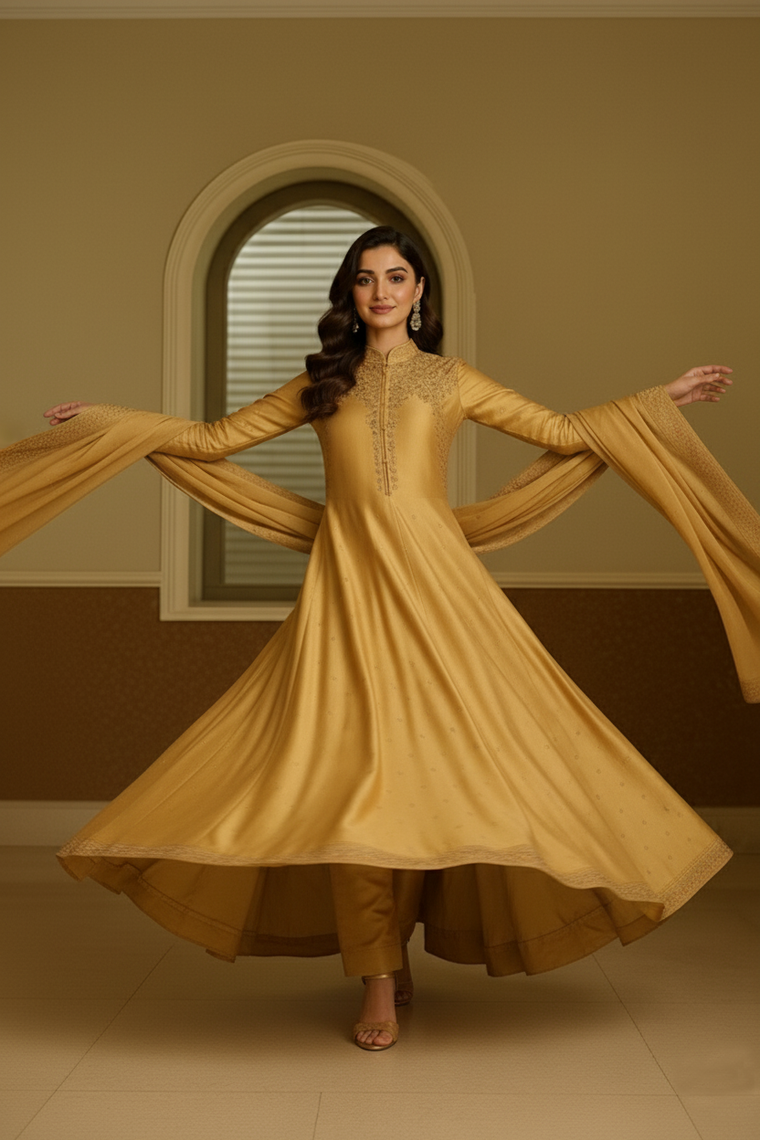 SECRET SOLUTIONS - Marigold Glamour Ensemble Suit with Multi-Color Floral Thread Embroidery | Luxury Formal Wear