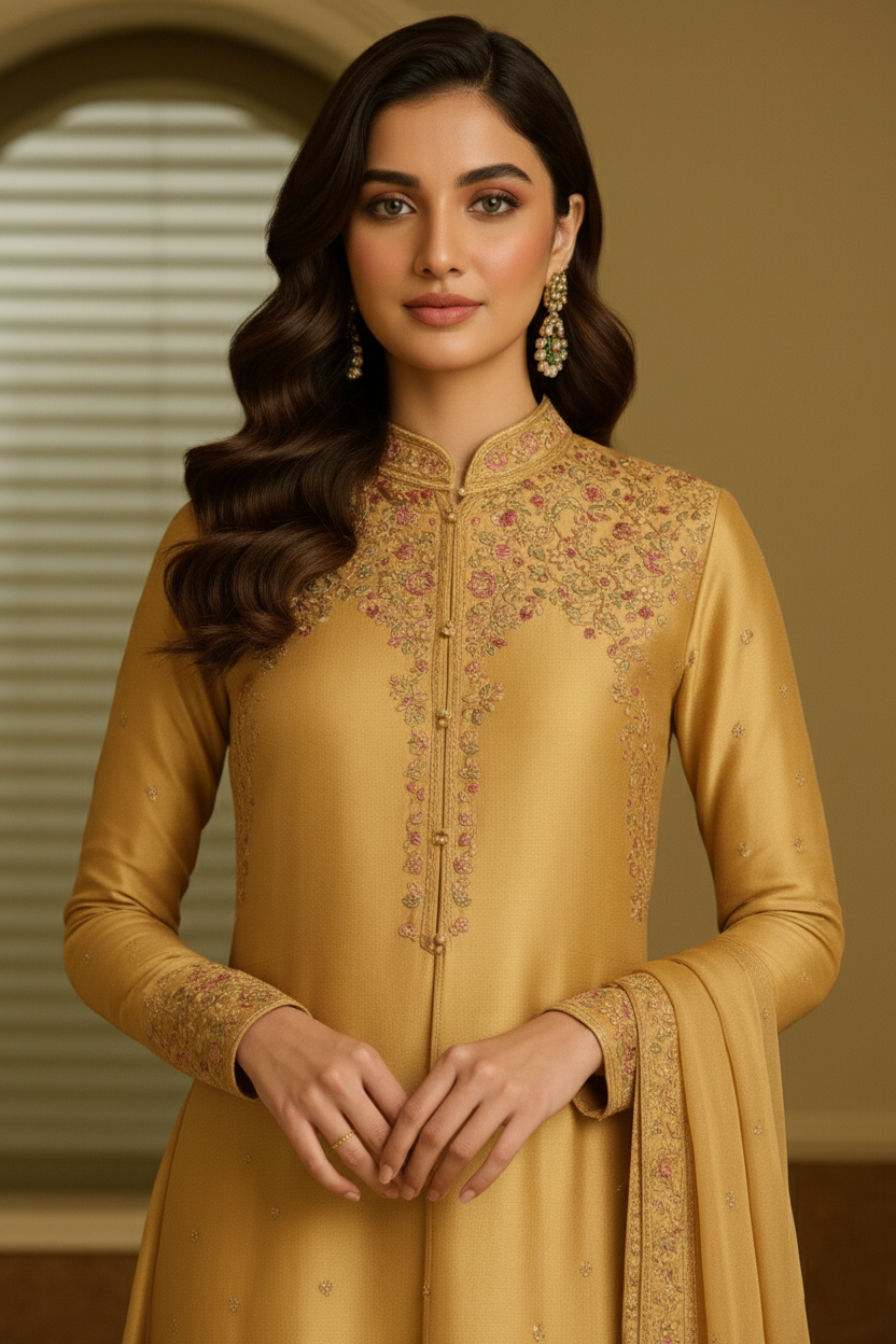 SECRET SOLUTIONS - Marigold Glamour Ensemble Suit with Multi-Color Floral Thread Embroidery | Luxury Formal Wear