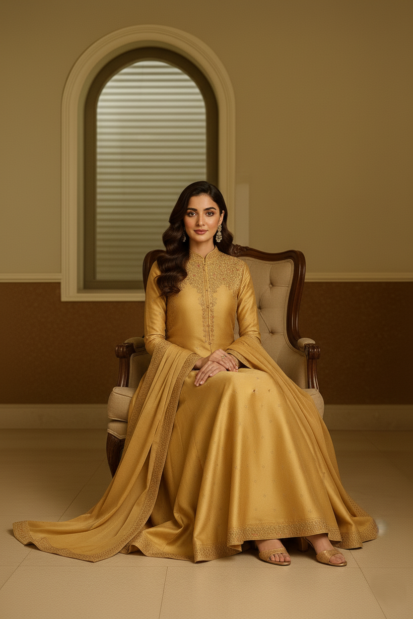 SECRET SOLUTIONS - Marigold Glamour Ensemble Suit with Multi-Color Floral Thread Embroidery | Luxury Formal Wear