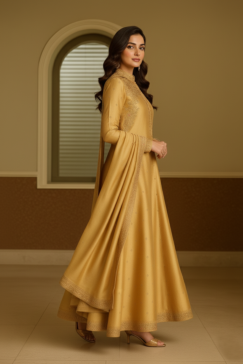 SECRET SOLUTIONS - Marigold Glamour Ensemble Suit with Multi-Color Floral Thread Embroidery | Luxury Formal Wear