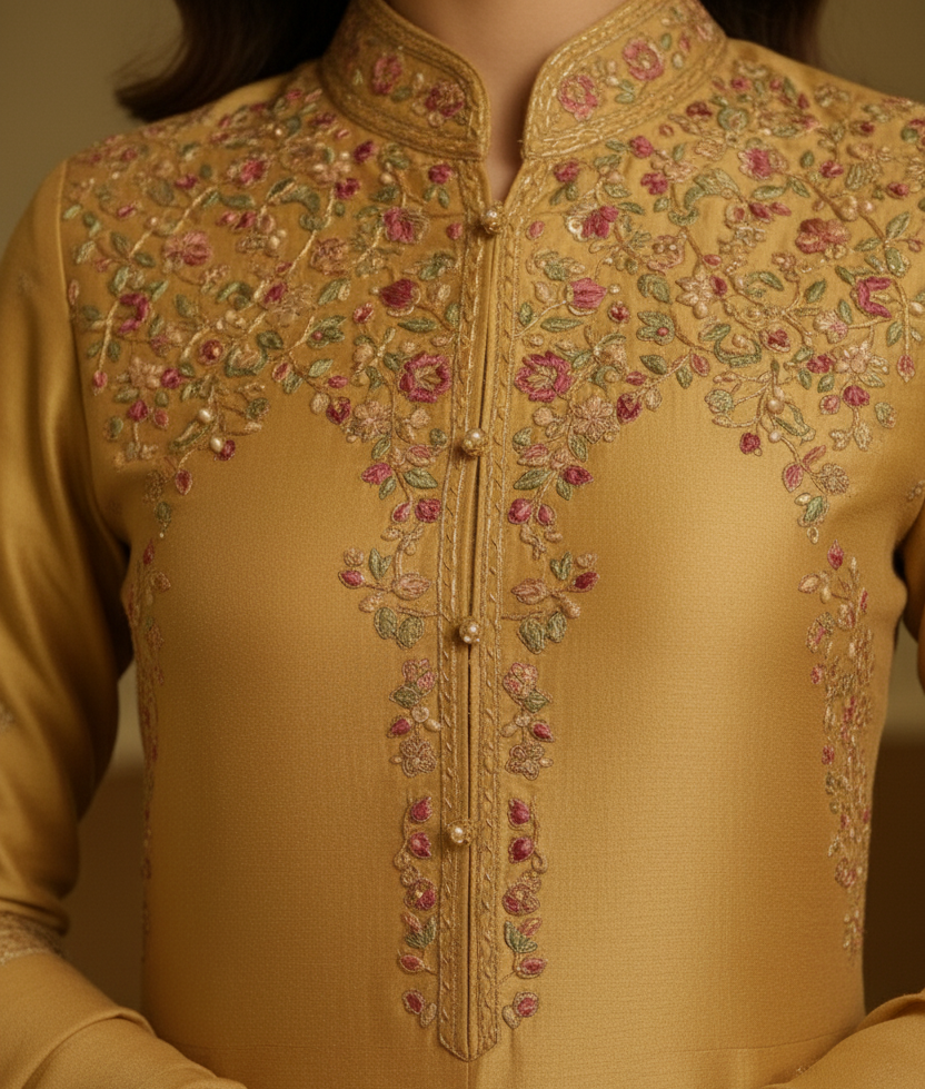SECRET SOLUTIONS - Marigold Glamour Ensemble Suit with Multi-Color Floral Thread Embroidery | Luxury Formal Wear