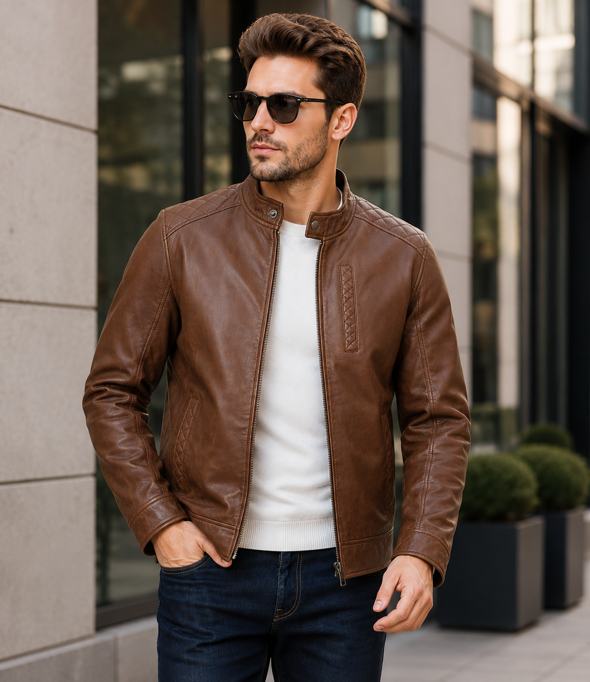 Men's Premium Brown Café Racer Leather Jacket – Classic Slim Fit Everyday Casual Motorcycle Jacket