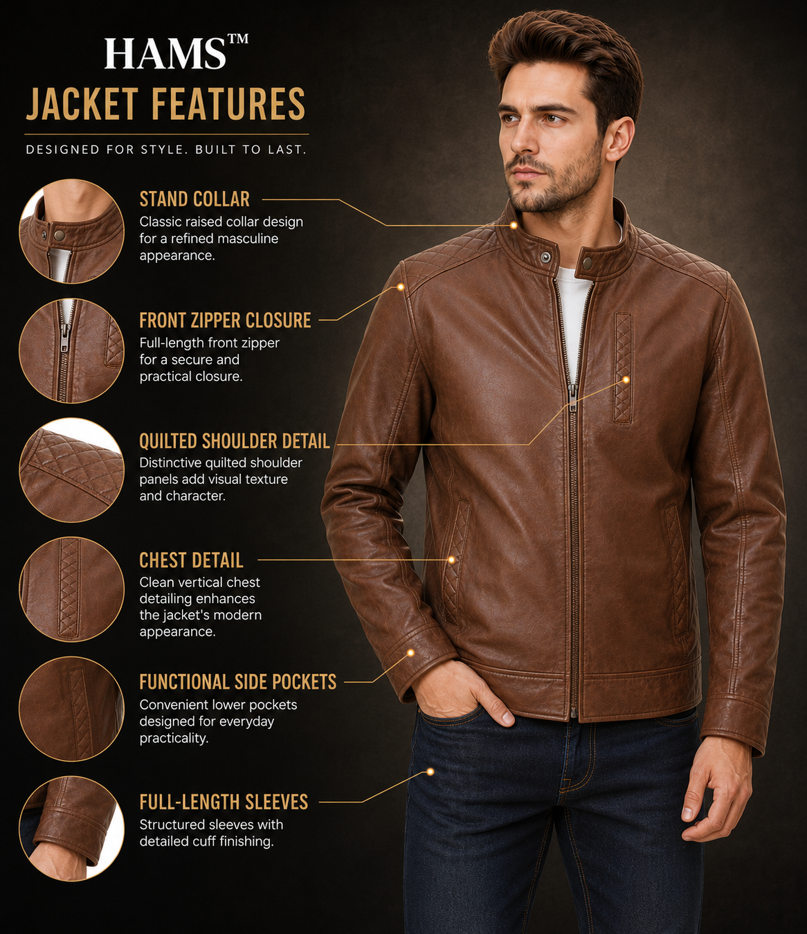 Men's Premium Brown Café Racer Leather Jacket – Classic Slim Fit Everyday Casual Motorcycle Jacket