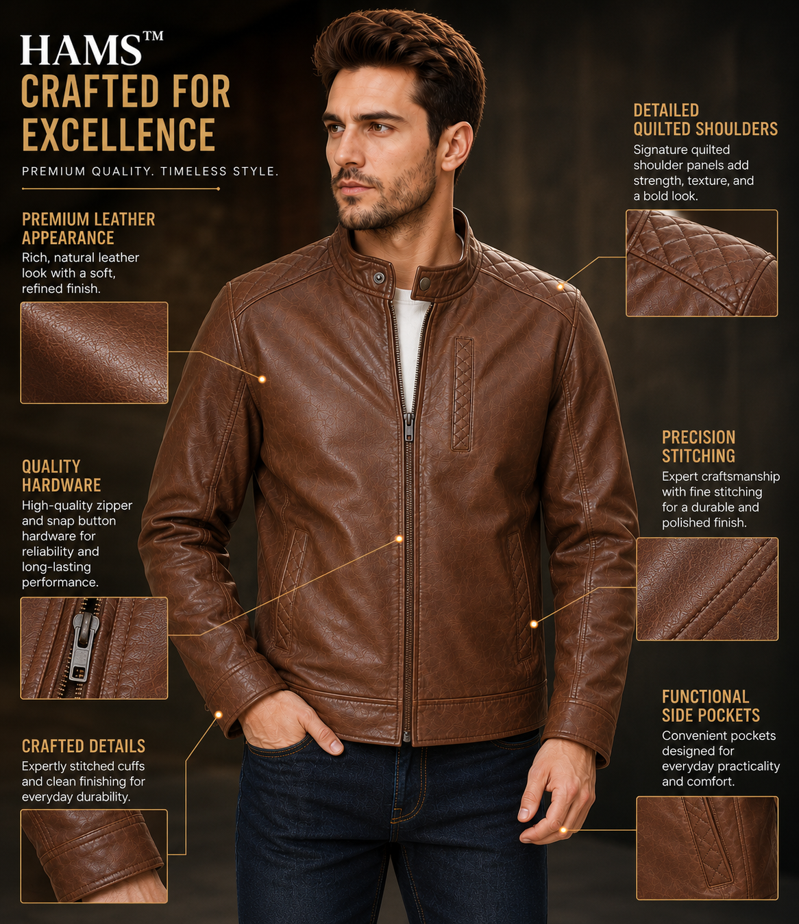 Men's Premium Brown Café Racer Leather Jacket – Classic Slim Fit Everyday Casual Motorcycle Jacket