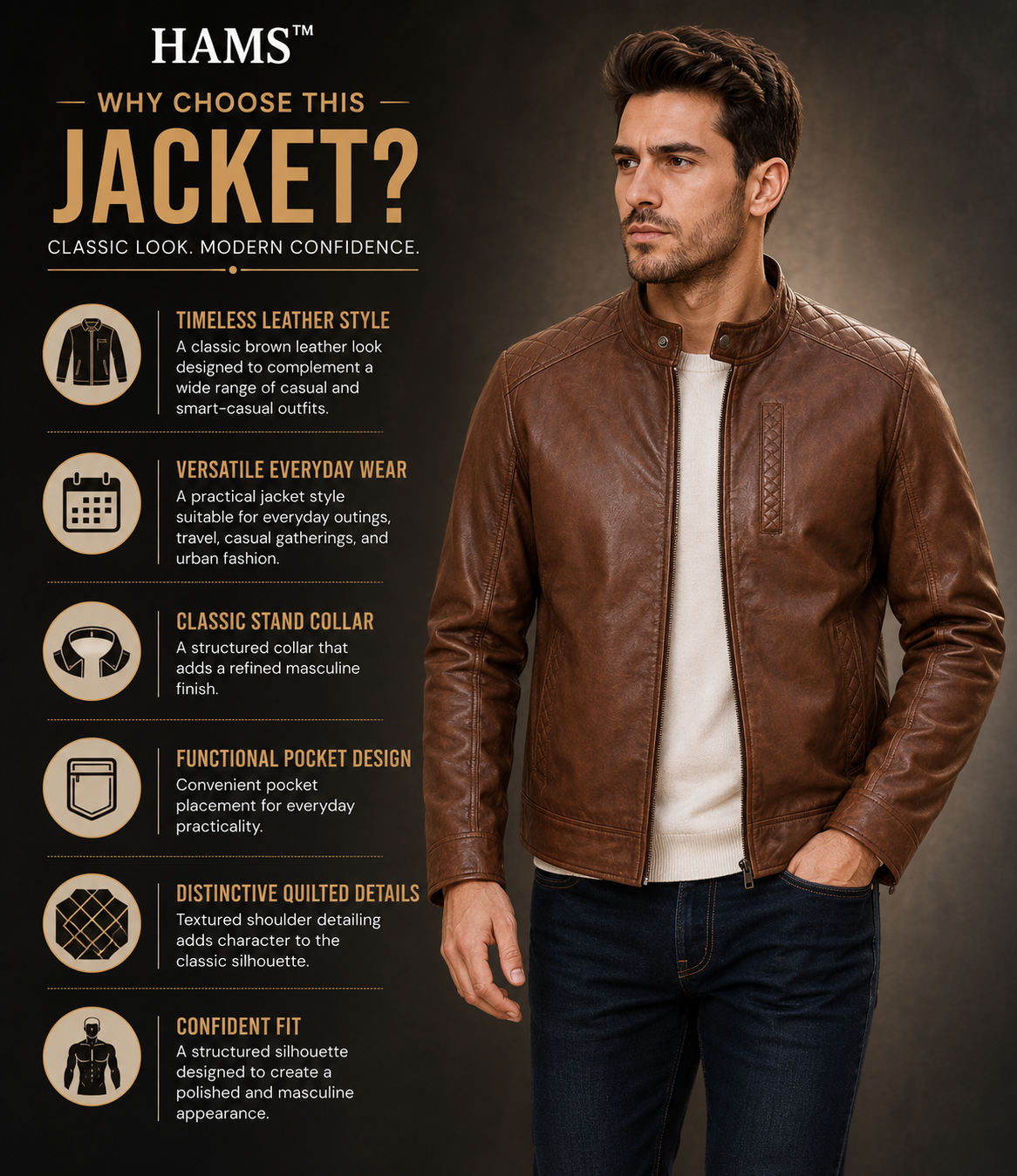 Men's Premium Brown Café Racer Leather Jacket – Classic Slim Fit Everyday Casual Motorcycle Jacket
