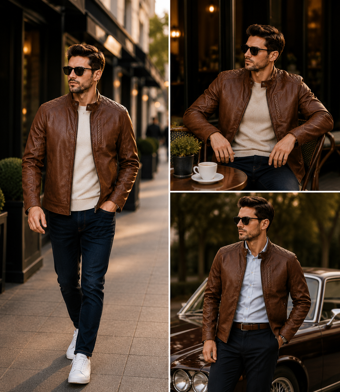 Men's Premium Brown Café Racer Leather Jacket – Classic Slim Fit Everyday Casual Motorcycle Jacket