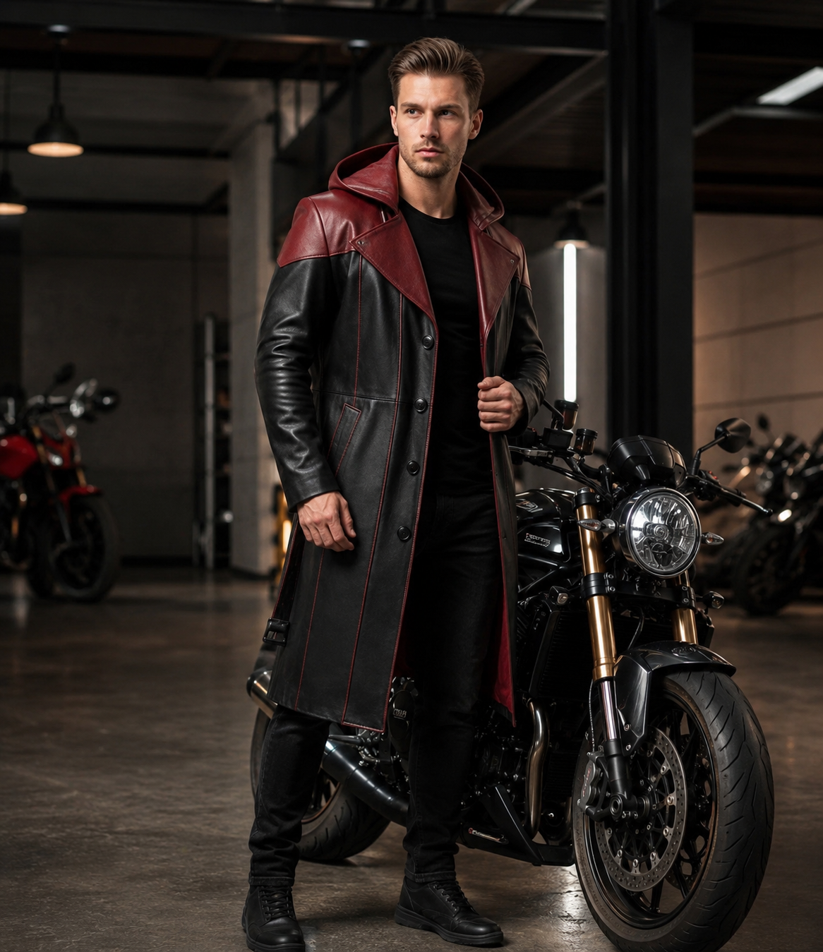 Men's Genuine Cowhide Leather Hooded Long Coat, Black and Deep Burgundy Button-Front Long Leather Coat