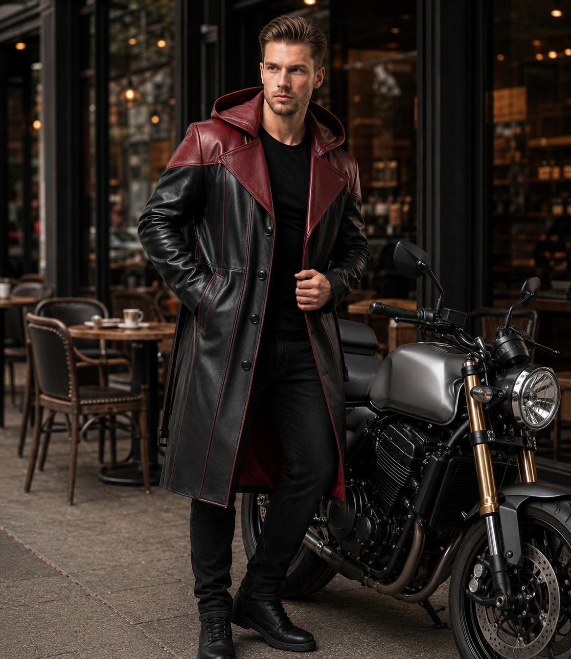 Men's Genuine Cowhide Leather Hooded Long Coat, Black and Deep Burgundy Button-Front Long Leather Coat