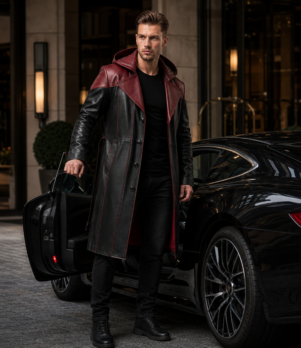 Men's Genuine Cowhide Leather Hooded Long Coat, Black and Deep Burgundy Button-Front Long Leather Coat