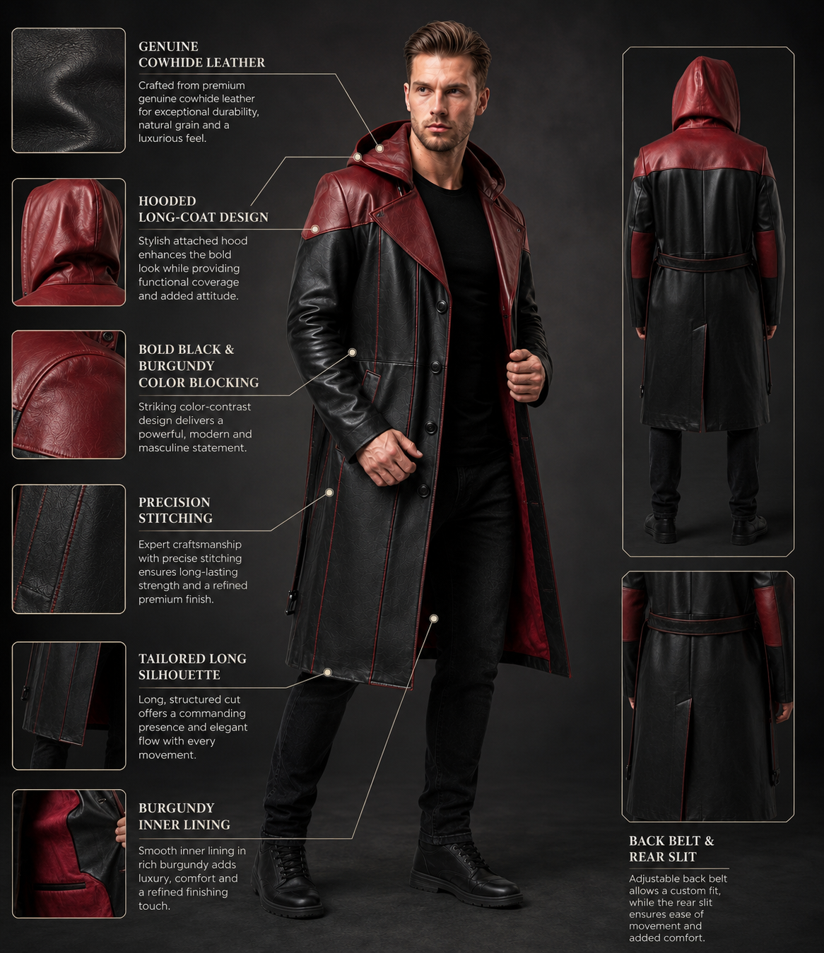 Men's Genuine Cowhide Leather Hooded Long Coat, Black and Deep Burgundy Button-Front Long Leather Coat