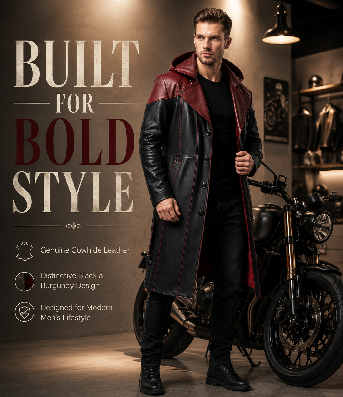 Men's Genuine Cowhide Leather Hooded Long Coat, Black and Deep Burgundy Button-Front Long Leather Coat