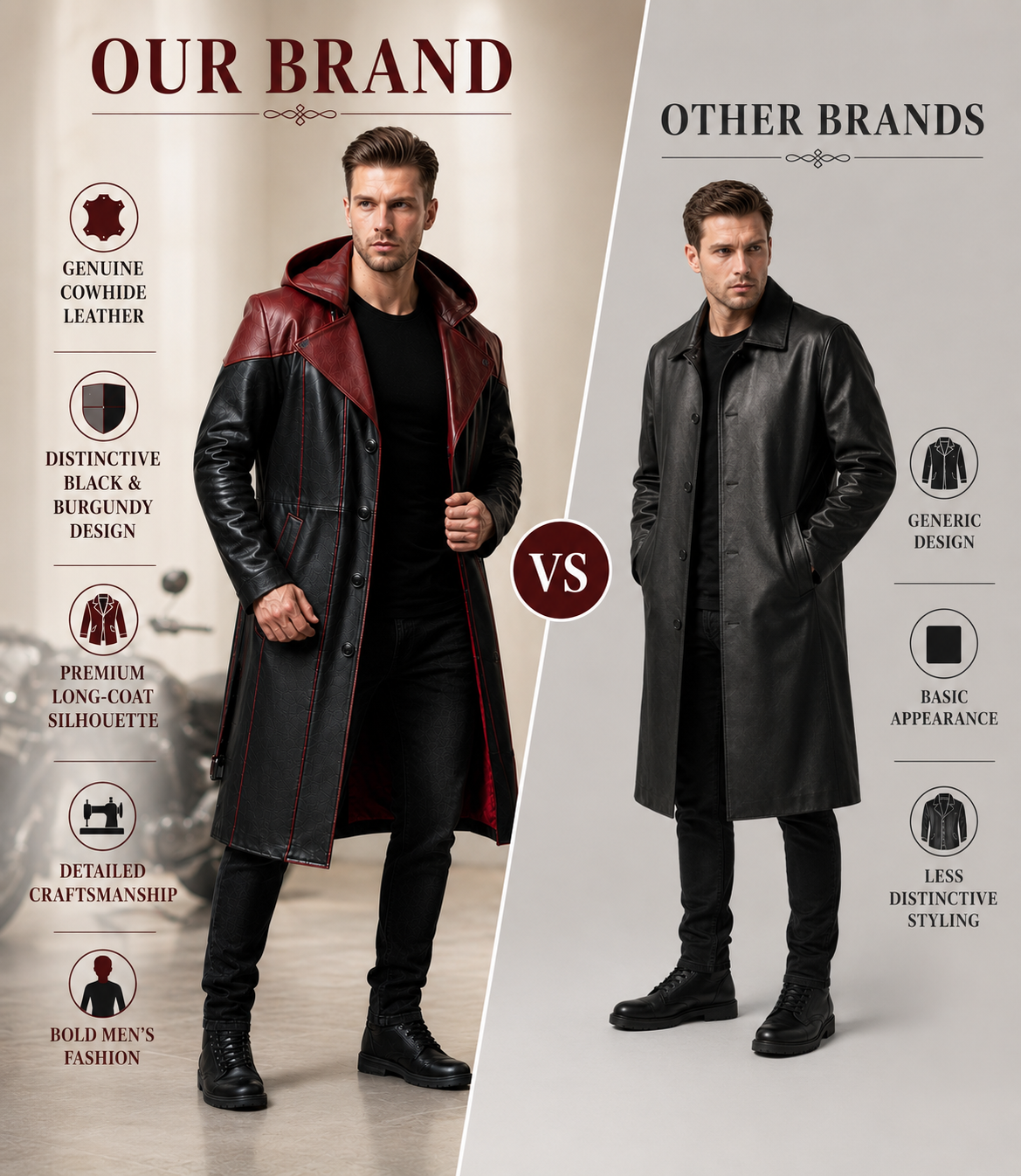 Men's Genuine Cowhide Leather Hooded Long Coat, Black and Deep Burgundy Button-Front Long Leather Coat