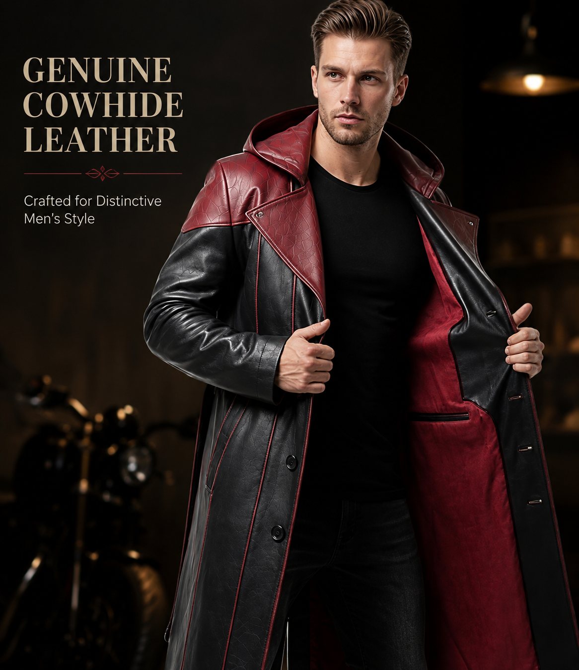Men's Genuine Cowhide Leather Hooded Long Coat, Black and Deep Burgundy Button-Front Long Leather Coat
